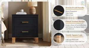 English Elm 2 Drawer Nightstand Fluted Mdf Body Solid Wood Legs Sleek Metal Handles Compact Bedside Storage Black W1445P494004