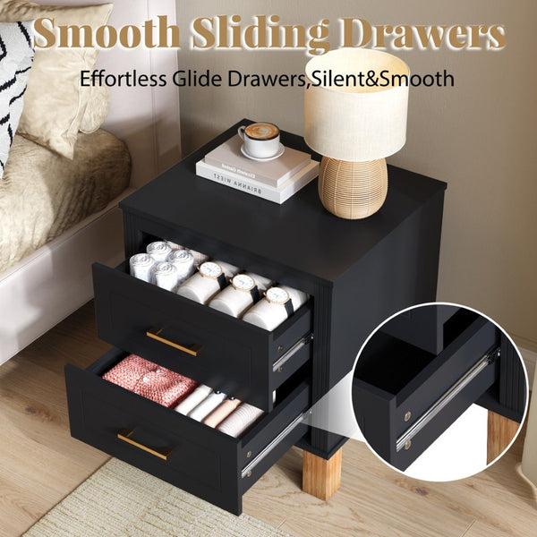 English Elm 2 Drawer Nightstand Fluted Mdf Body Solid Wood Legs Sleek Metal Handles Compact Bedside Storage Black W1445P494004