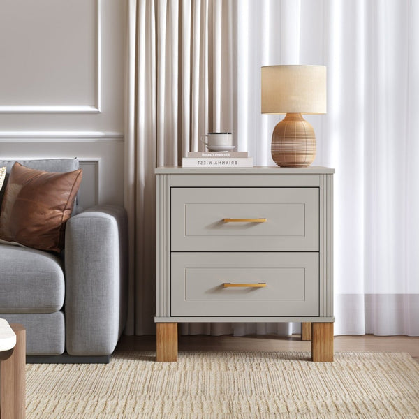 English Elm 2 Drawer Nightstand Fluted Mdf Body Solid Wood Legs Sleek Metal Handles Compact Bedside Storage Gray W1445P494005