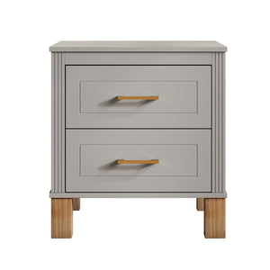 English Elm 2 Drawer Nightstand Fluted Mdf Body Solid Wood Legs Sleek Metal Handles Compact Bedside Storage Gray W1445P494005