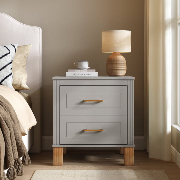 English Elm 2 Drawer Nightstand Fluted Mdf Body Solid Wood Legs Sleek Metal Handles Compact Bedside Storage Gray W1445P494005