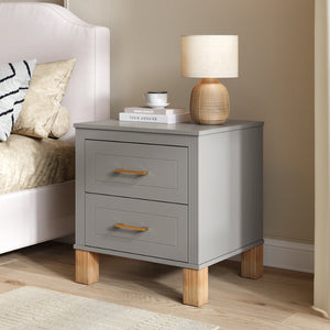 English Elm 2 Drawer Nightstand Fluted Mdf Body Solid Wood Legs Sleek Metal Handles Compact Bedside Storage Gray W1445P494005