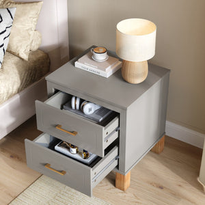 English Elm 2 Drawer Nightstand Fluted Mdf Body Solid Wood Legs Sleek Metal Handles Compact Bedside Storage Gray W1445P494005