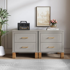 English Elm 2 Drawer Nightstand Fluted Mdf Body Solid Wood Legs Sleek Metal Handles Compact Bedside Storage Gray W1445P494005