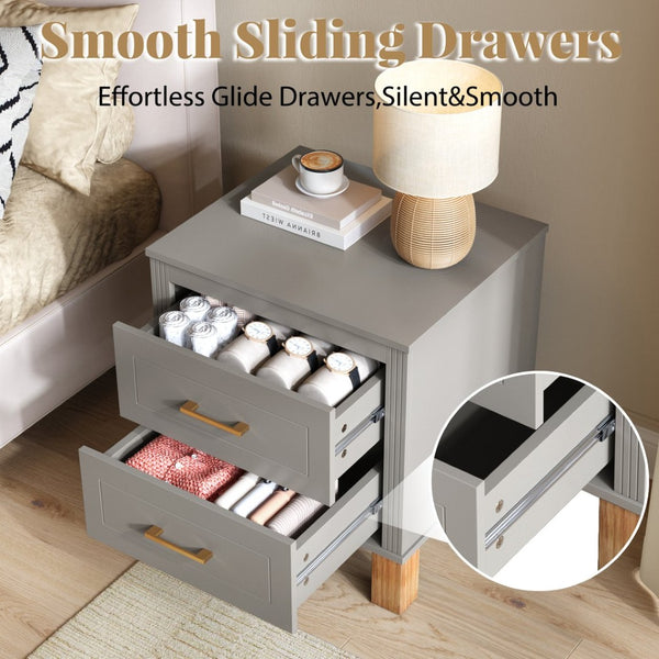 English Elm 2 Drawer Nightstand Fluted Mdf Body Solid Wood Legs Sleek Metal Handles Compact Bedside Storage Gray W1445P494005