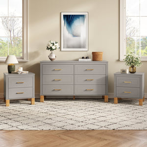 English Elm 2 Drawer Nightstand Fluted Mdf Body Solid Wood Legs Sleek Metal Handles Compact Bedside Storage Gray W1445P494005