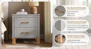 English Elm 2 Drawer Nightstand Fluted Mdf Body Solid Wood Legs Sleek Metal Handles Compact Bedside Storage Gray W1445P494005