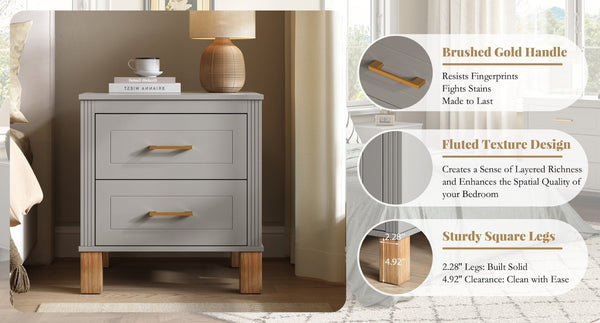 English Elm 2 Drawer Nightstand Fluted Mdf Body Solid Wood Legs Sleek Metal Handles Compact Bedside Storage Gray W1445P494005