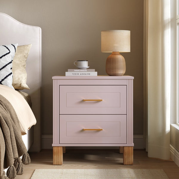 English Elm 2 Drawer Nightstand Fluted Mdf Body Solid Wood Legs Sleek Metal Handles Compact Bedside Storage Pink W1445P494006