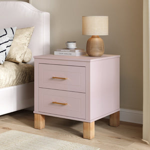 English Elm 2 Drawer Nightstand Fluted Mdf Body Solid Wood Legs Sleek Metal Handles Compact Bedside Storage Pink W1445P494006