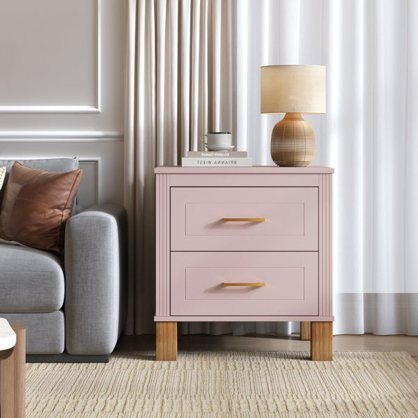 English Elm 2 Drawer Nightstand Fluted Mdf Body Solid Wood Legs Sleek Metal Handles Compact Bedside Storage Pink W1445P494006
