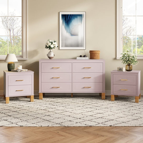 English Elm 2 Drawer Nightstand Fluted Mdf Body Solid Wood Legs Sleek Metal Handles Compact Bedside Storage Pink W1445P494006