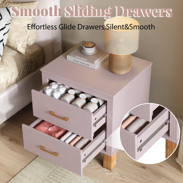 English Elm 2 Drawer Nightstand Fluted Mdf Body Solid Wood Legs Sleek Metal Handles Compact Bedside Storage Pink W1445P494006