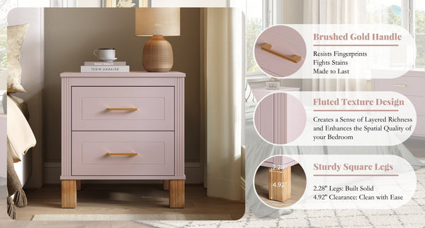 English Elm 2 Drawer Nightstand Fluted Mdf Body Solid Wood Legs Sleek Metal Handles Compact Bedside Storage Pink W1445P494006