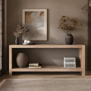 English Elm 63-inch Farmhouse Sofa Table Two Tier Wood Veneer Entryway Console for Living Room Natural+Rustic W1445P502627