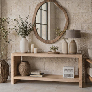 English Elm 63-inch Farmhouse Sofa Table Two Tier Wood Veneer Entryway Console for Living Room Natural+Rustic W1445P502627