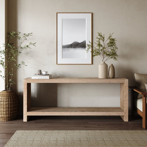 English Elm 63-inch Farmhouse Sofa Table Two Tier Wood Veneer Entryway Console for Living Room Natural+Rustic W1445P502627