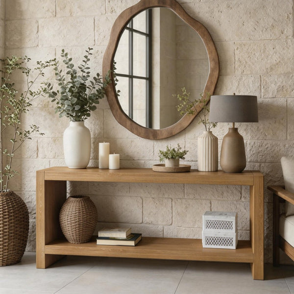English Elm 63-inch Farmhouse Sofa Table Two Tier Wood Veneer Entryway Console for Living Room Light Brown W1445P502628