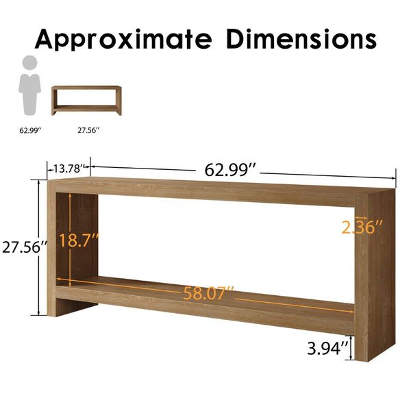 English Elm 63-inch Farmhouse Sofa Table Two Tier Wood Veneer Entryway Console for Living Room Light Brown W1445P502628