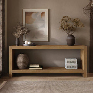 English Elm 63-inch Farmhouse Sofa Table Two Tier Wood Veneer Entryway Console for Living Room Light Brown W1445P502628