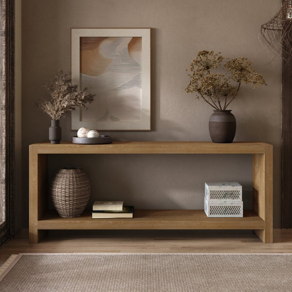 English Elm 63-inch Farmhouse Sofa Table Two Tier Wood Veneer Entryway Console for Living Room Light Brown W1445P502628