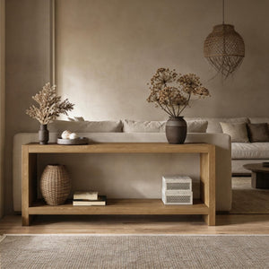 English Elm 63-inch Farmhouse Sofa Table Two Tier Wood Veneer Entryway Console for Living Room Light Brown W1445P502628