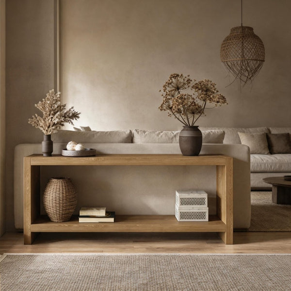 English Elm 63-inch Farmhouse Sofa Table Two Tier Wood Veneer Entryway Console for Living Room Light Brown W1445P502628