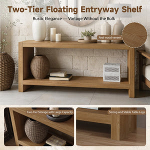 English Elm 63-inch Farmhouse Sofa Table Two Tier Wood Veneer Entryway Console for Living Room Light Brown W1445P502628