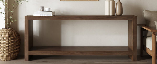 English Elm 63-inch Farmhouse Sofa Table Two Tier Wood Veneer Entryway Console for Living Room Rustic Brown W1445P502629