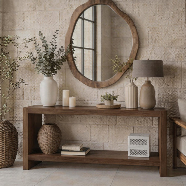English Elm 63-inch Farmhouse Sofa Table Two Tier Wood Veneer Entryway Console for Living Room Rustic Brown W1445P502629