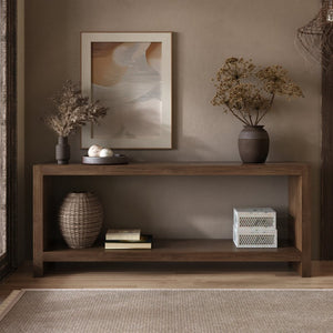 English Elm 63-inch Farmhouse Sofa Table Two Tier Wood Veneer Entryway Console for Living Room Rustic Brown W1445P502629