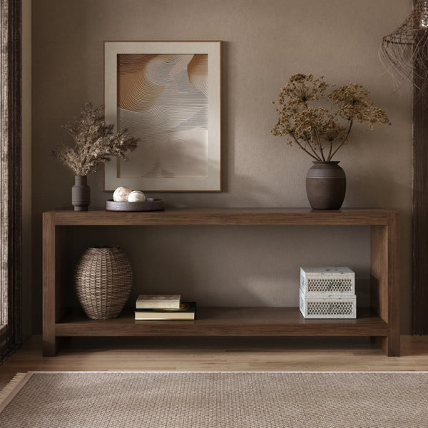 English Elm 63-inch Farmhouse Sofa Table Two Tier Wood Veneer Entryway Console for Living Room Rustic Brown W1445P502629