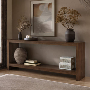 English Elm 63-inch Farmhouse Sofa Table Two Tier Wood Veneer Entryway Console for Living Room Rustic Brown W1445P502629