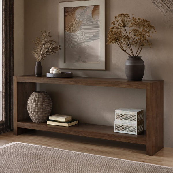 English Elm 63-inch Farmhouse Sofa Table Two Tier Wood Veneer Entryway Console for Living Room Rustic Brown W1445P502629