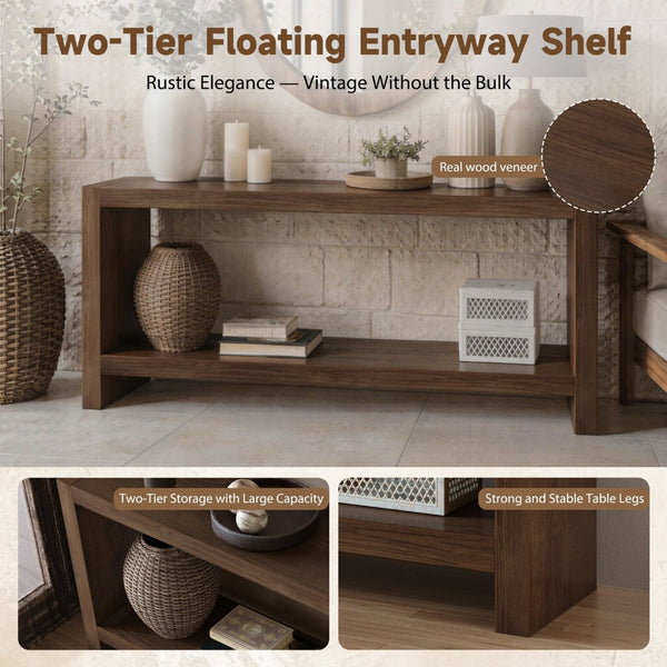 English Elm 63-inch Farmhouse Sofa Table Two Tier Wood Veneer Entryway Console for Living Room Rustic Brown W1445P502629