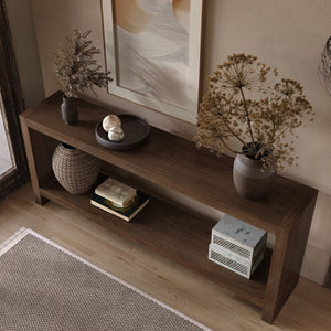 English Elm 63-inch Farmhouse Sofa Table Two Tier Wood Veneer Entryway Console for Living Room Rustic Brown W1445P502629