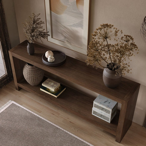 English Elm 63-inch Farmhouse Sofa Table Two Tier Wood Veneer Entryway Console for Living Room Rustic Brown W1445P502629