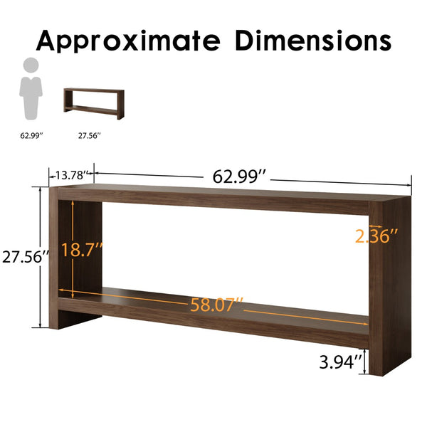 English Elm 63-inch Farmhouse Sofa Table Two Tier Wood Veneer Entryway Console for Living Room Rustic Brown W1445P502629