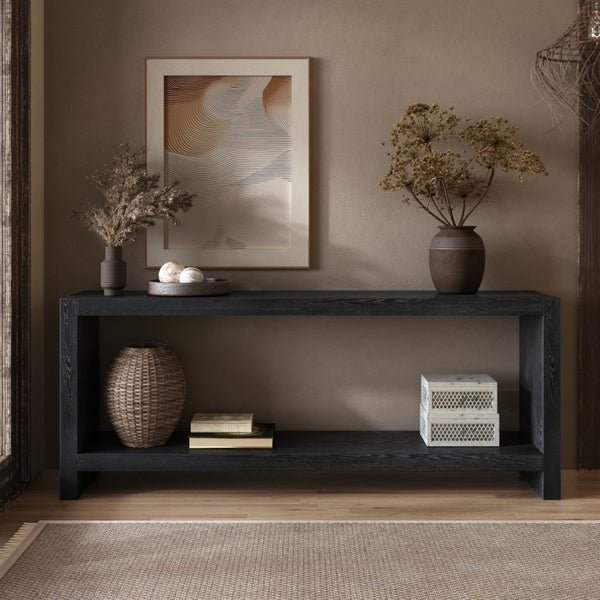 English Elm 63-inch Farmhouse Sofa Table Two Tier Wood Veneer Entryway Console for Living Room Black W1445P502630