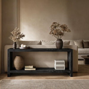 English Elm 63-inch Farmhouse Sofa Table Two Tier Wood Veneer Entryway Console for Living Room Black W1445P502630