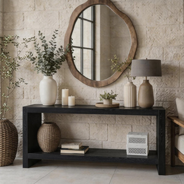 English Elm 63-inch Farmhouse Sofa Table Two Tier Wood Veneer Entryway Console for Living Room Black W1445P502630