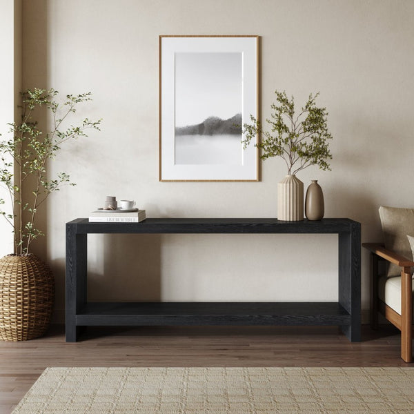 English Elm 63-inch Farmhouse Sofa Table Two Tier Wood Veneer Entryway Console for Living Room Black W1445P502630