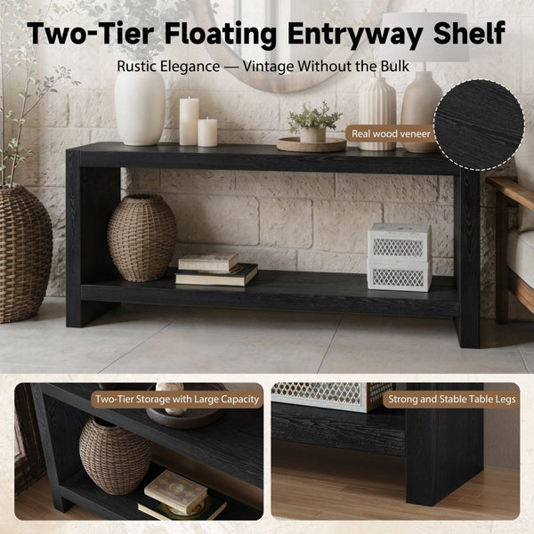 English Elm 63-inch Farmhouse Sofa Table Two Tier Wood Veneer Entryway Console for Living Room Black W1445P502630