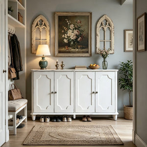 English Elm Vintage Farmhouse Sideboard with Curved Panel Doors Distressed White Entryway Credenza Antique White W1445P503519