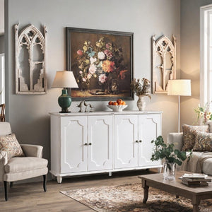 English Elm Vintage Farmhouse Sideboard with Curved Panel Doors Distressed White Entryway Credenza Antique White W1445P503519