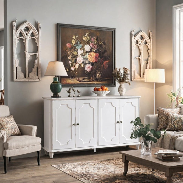 English Elm Vintage Farmhouse Sideboard with Curved Panel Doors Distressed White Entryway Credenza Antique White W1445P503519