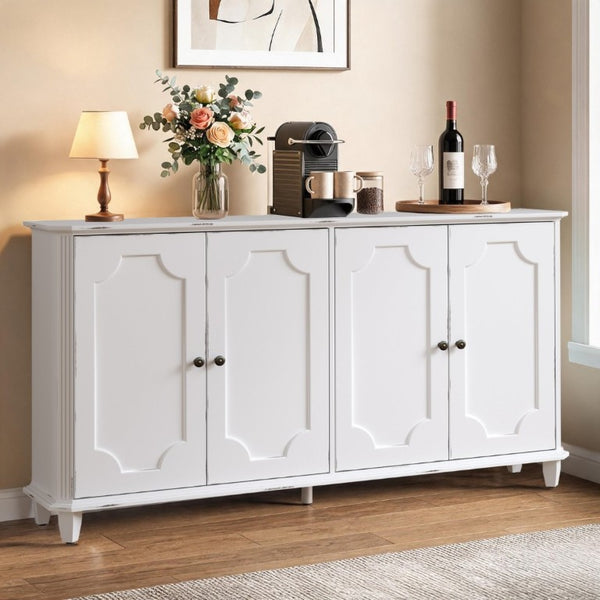 English Elm Vintage Farmhouse Sideboard with Curved Panel Doors Distressed White Entryway Credenza Antique White W1445P503519