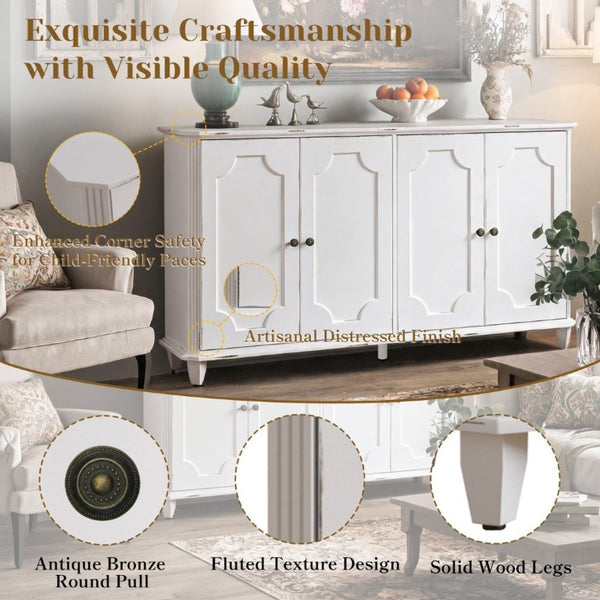 English Elm Vintage Farmhouse Sideboard with Curved Panel Doors Distressed White Entryway Credenza Antique White W1445P503519