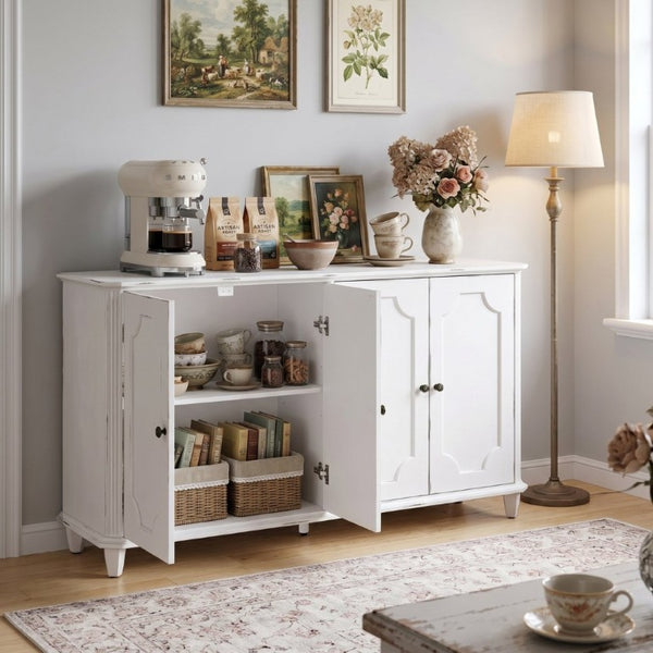 English Elm Vintage Farmhouse Sideboard with Curved Panel Doors Distressed White Entryway Credenza Antique White W1445P503519