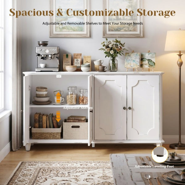 English Elm Vintage Farmhouse Sideboard with Curved Panel Doors Distressed White Entryway Credenza Antique White W1445P503519